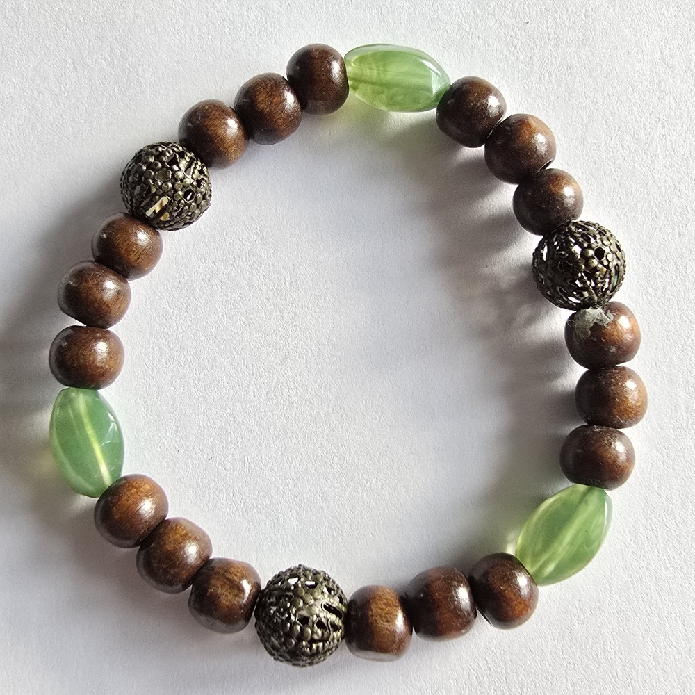 Wood bracelet beaded stretch green brown filigree earthy boho
